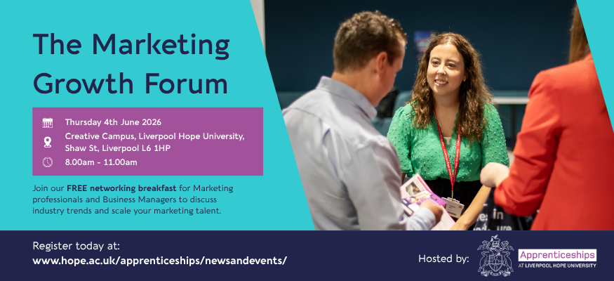 Promotional image for Marketing Network Event being held at LHU. On the left is text outlining the event, the date, time and location with an image on the right hand side of a smiling colleague at a networking event.